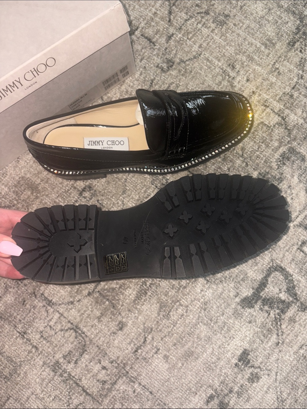 Jimmy Choo Black Patent Leather Loafers with Crystal-Trim - Picture 4 of 8